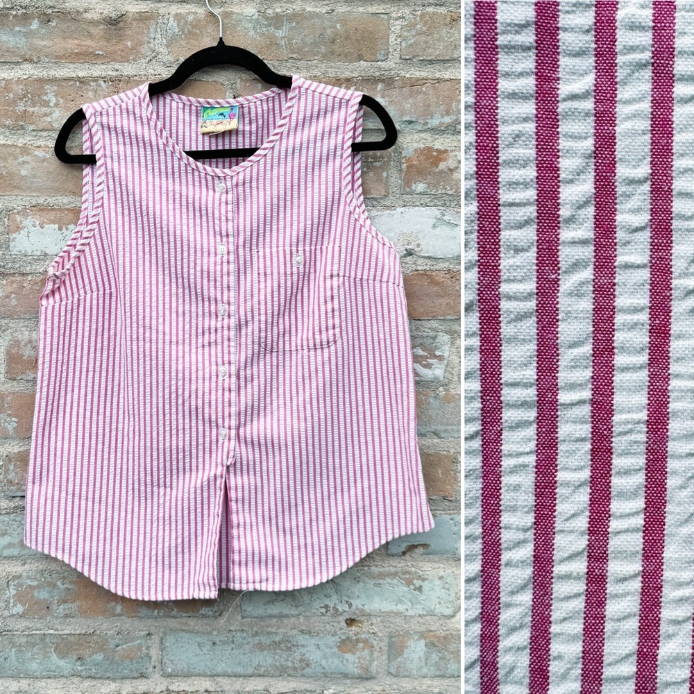 Vintage Sleeveless Top 80s Pink White Stripe Seersucker Button Up Cheryl Tiegs
